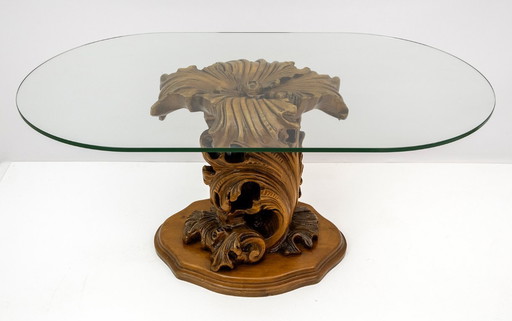 Mid-Century Modern Italian Carved Wood Base Large Curls and Leaves Coffee Table