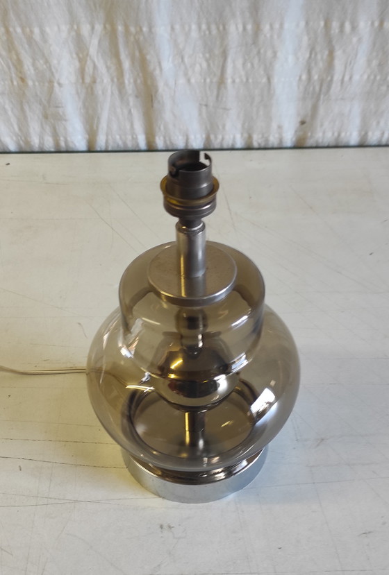 Image 1 of Space Age table lamp base in chromed metal and smoked glass - 1970s