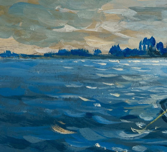 Image 1 of Origineel olieverfschilderij: Avondlandschap aan de rivier. 's Avonds in een boot.