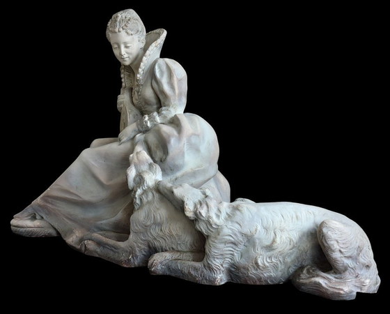 Image 1 of Art Deco sculpture of a seated lady with dogs