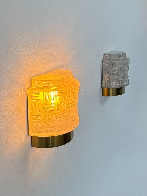 Image 1 of Pair of vintage wall lights, brass and thermoformed glass, Sweden, 1970