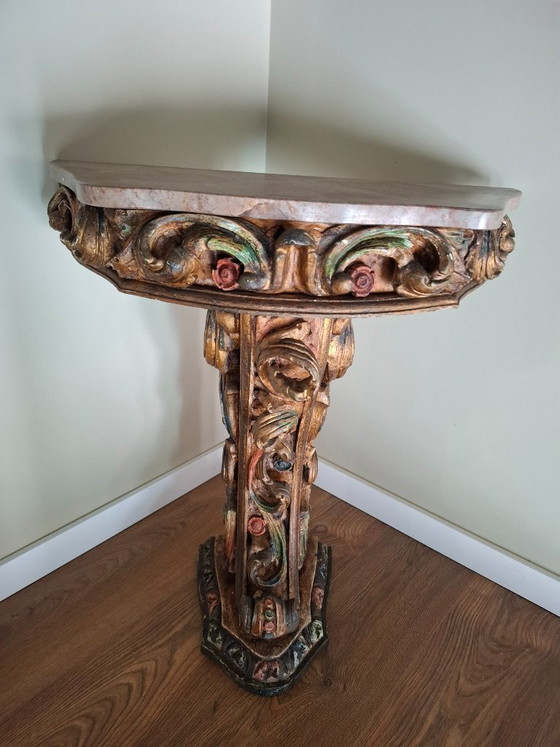 Image 1 of Antique Portuguese Gilded Console Table with Marble Top - 19th Century Carved Wood - Hand-Painted Polychrome Details - VGC