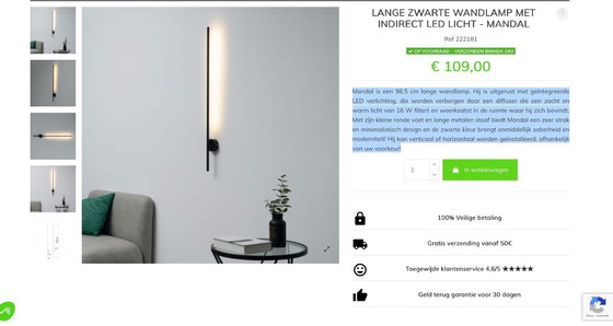 Image 1 of KOSILAMP-Lange zwarte Wandlamp met indirect LED Licht-Mandal