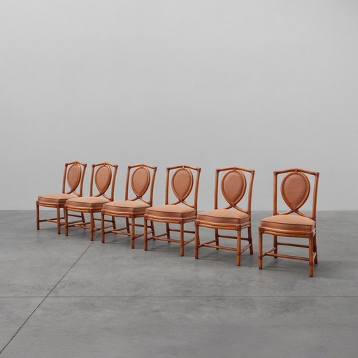 Ensemble de 6 chaises de salle à manger en bambou avec revêtement géométrique par Gasparucci, Italie, années 1980