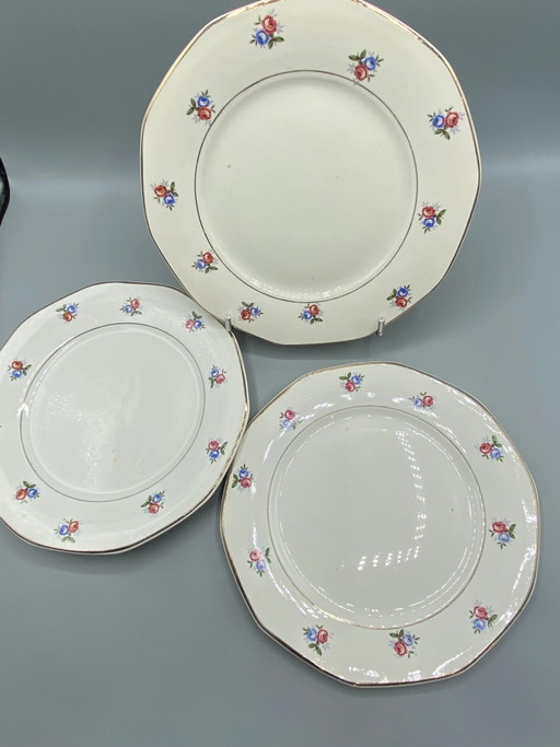 4 Digoin & Sarreguemines Dinner Plates – Rose Decor – Gold Rim – 24 cm – decoratieve objecten, Vintage