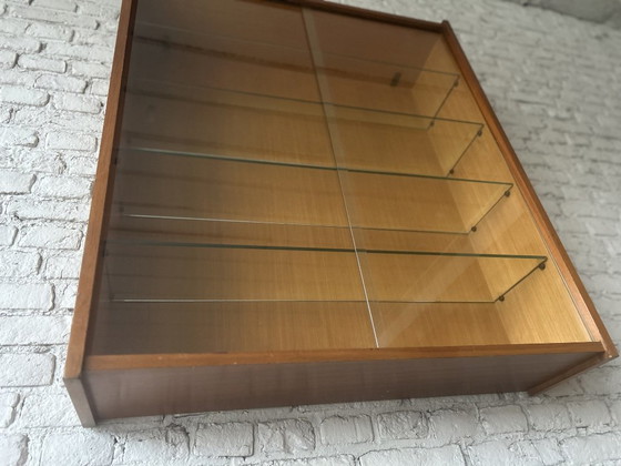 Wall display cabinet with glass sliding doors, brown wood, Mid Century Modern (photo 5 of 14)