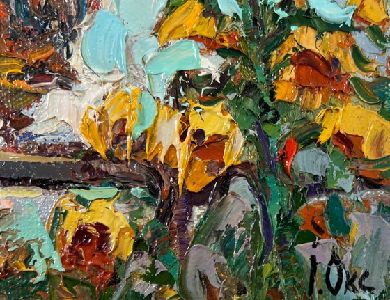 Image 1 of Peinture à l'huile originale, paysage animalier d'été, chant du coq au petit matin