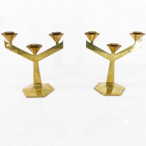 Pair of modernist three-arm candlesticks in solid brass, circa 1960