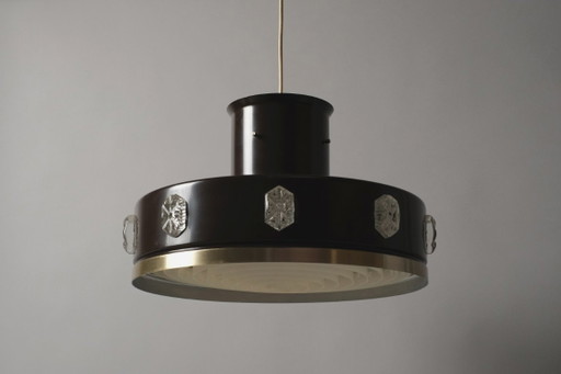 Vitrika Hanglamp, Bruin en Messing met Ingelijmde Medaillons, Jaren 60 Deense Moderne Verlichting.