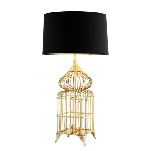 Lampe de table Eichholtz dorée avec design cage à oiseaux et abat-jour noir