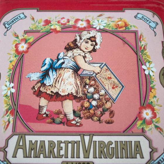 Vintage 90s Amaretti Virginia Italian cookie tins in red and aqua blue – Decorative Objects, Metal (photo 9 of 10)