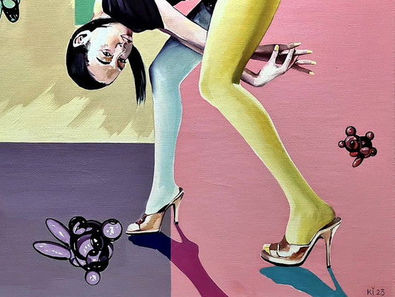 Original Oil Painting Pop Art Symbolism Equilibrium Part 2, Paintings & Drawings, Canvas, Pink, Figuratief (photo 7 of 7)