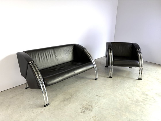 Set divano postmoderno di Young International, anni '80 – Zona salotto, Pelle, Cromo (photo 9 of 11)
