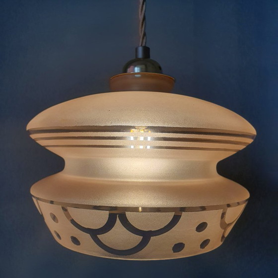 Image 1 of Vintage hanglamp - rose opaline glas met frosted textuur en decoratie 