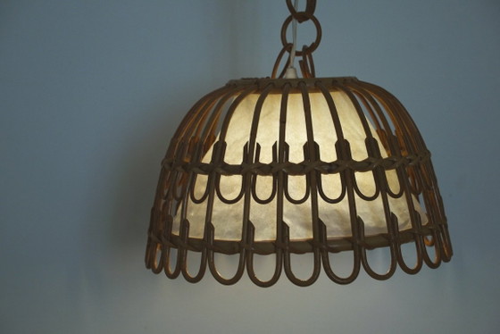 Image 1 of Vintage Rattan Bell Pendant Lamp, Louis Sognot Style Cane Ceiling Light, French Riviera Mediterranean Decor
