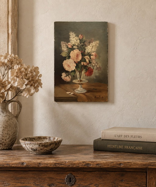 Ancienne peinture à l'huile florale signée Lambert – France, c. 1920–1940