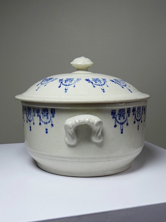 Image 1 of Antique glazed ironstone bouillon/casserole dish with blue St Uze decoration