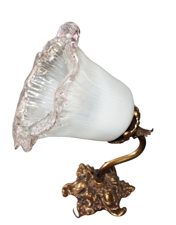 Antike Jugendstil-Tischlampe aus Bronze mit Glasblüte – ca. 31 cm hoch – Wandleuchten (photo 7 of 7)