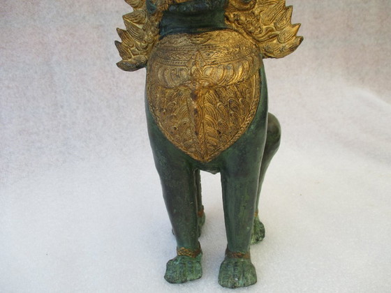 Image 1 of Perro Foo, Latón Dorado Grande 29 Cm, León Khmer / Singha - Altamente Detallado Y Ornamentado