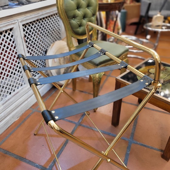 Image 1 of Portavaligie pieghevole per hotel, acciaio placcato oro e tessuto, anni '90 - Francia