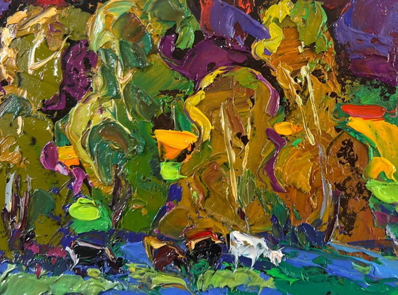 Image 1 of Original Oil Painting Summer Field Landscape The sky is preparing lightning