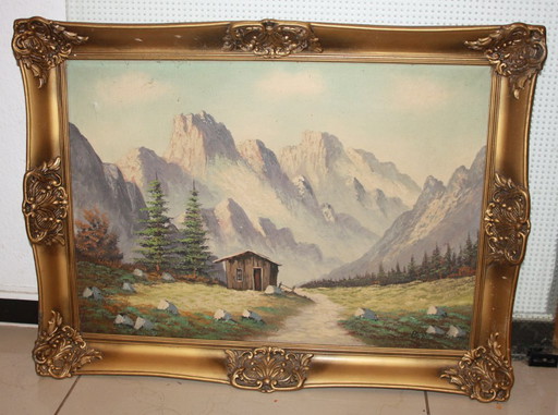 Original painting - Alpine landscape with hut - signed "Bouvier"