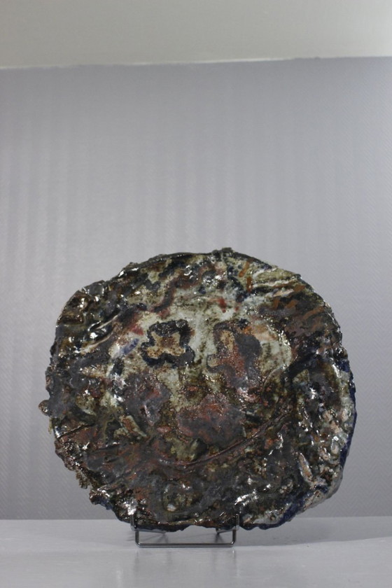 Image 1 of Large Glazed Stoneware Dish Polychrome Art Brut Abstract Brutalist XXth Century