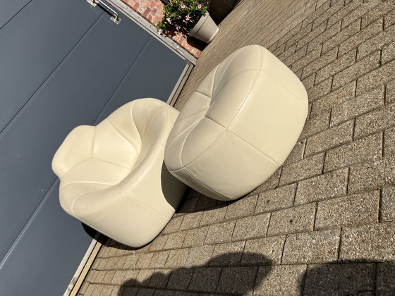 Image 1 of Ligne Roset Pumpkin 1 plaza + puf de cuero beige Pierre Paulin