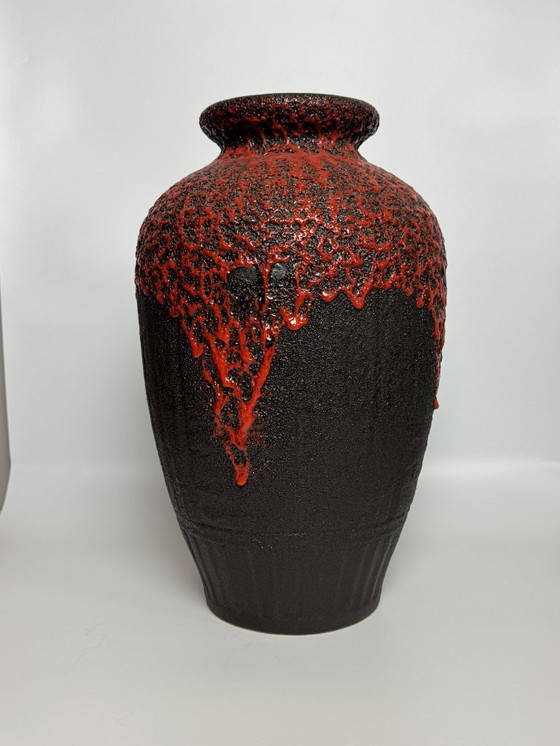 Image 1 of Extra Large Mid-Century Design Ceramic Black Fat Lava Vase with Red High Gloss Enamel by ES Keramik, West Germany 1960s.