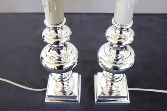 Image 1 of Elegantes versilbertes Nachttischlampenpaar, Italien 1970er