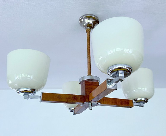 Image 1 of Lampe pendante Art Déco en bois et verre chromé
