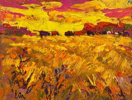 Image 1 of Original Oil Painting Sunset Field Landscape Silence in the pasture