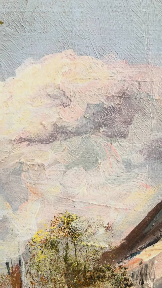 Image 1 of Peinture à l'huile originale d'époque représentant un paysage urbain bordé de canaux, datant des années 1970.
