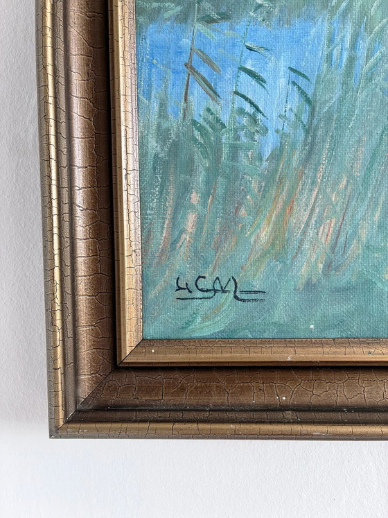 Image 1 of Grande peinture à l'huile originale vintage représentant un paysage avec un chien