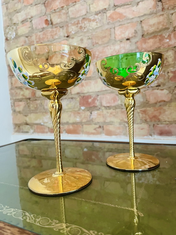 Luxury Set of 2 Vintage Coupes – Bohemian Crystal & 24k Gold – Glass & Decanter, Glass (photo 6 of 8)