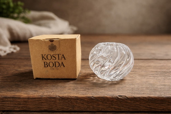 Image 1 of Kosta Boda Crystal Candle Holder – Swedish Design – Heavy Swirl Glass Votive – Vintage with Original Box
