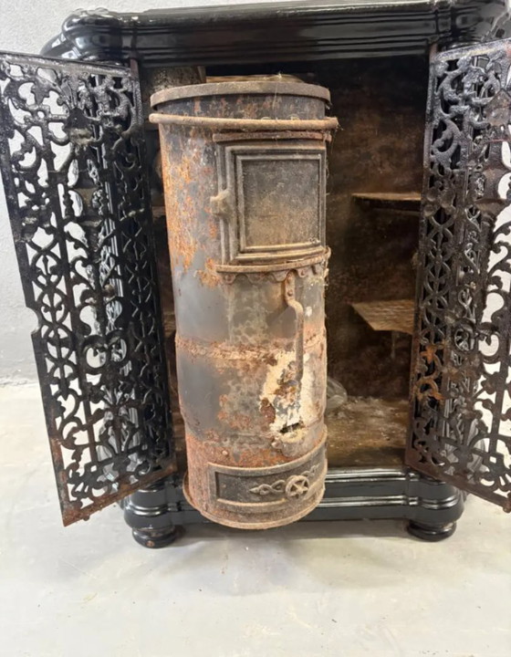 Image 1 of Antique Decorative Fireplace Insert Ornate Cast Iron Black 1900s French Style