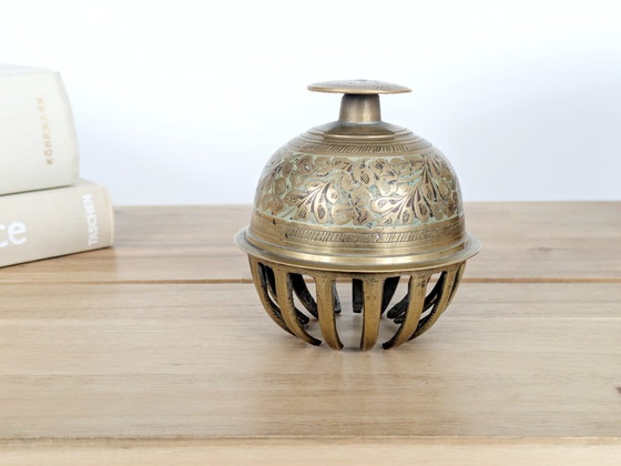 Image 1 of Vintage Solid Etched Brass Indian Elephant Claw Bell, Handcrafted Decorative Floral Table Bell