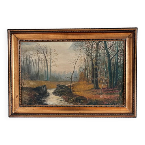 Peinture à l'huile originale ancienne représentant un paysage forestier, vers 1910