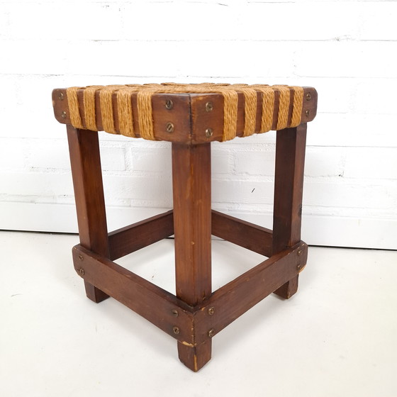 Image 1 of Vintage brutalist krukje touw zitting / hout jaren 50/60