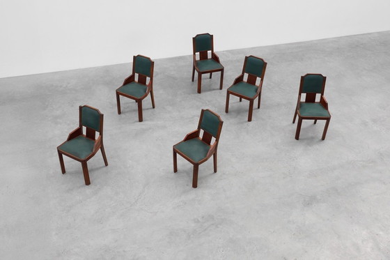 Image 1 of Set van 6 Art Deco eetkamerstoelen in hout met originele bekleding, België jaren 30