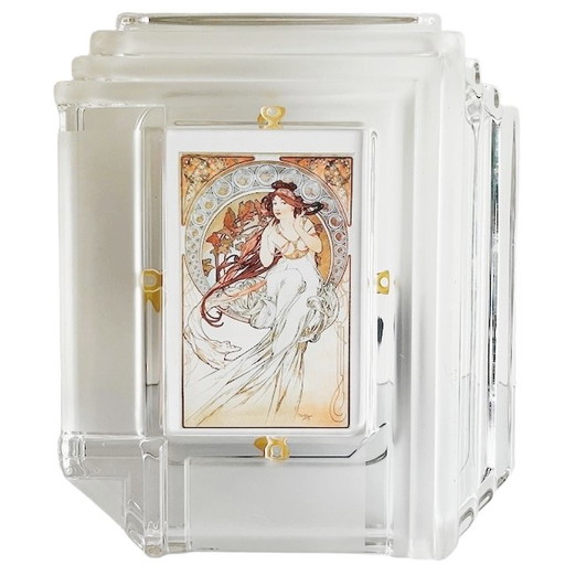 Vintage art nouveau Mucha schilderij The Arts: Music print in Waterford Crystal kristallen fotolijst 1980's