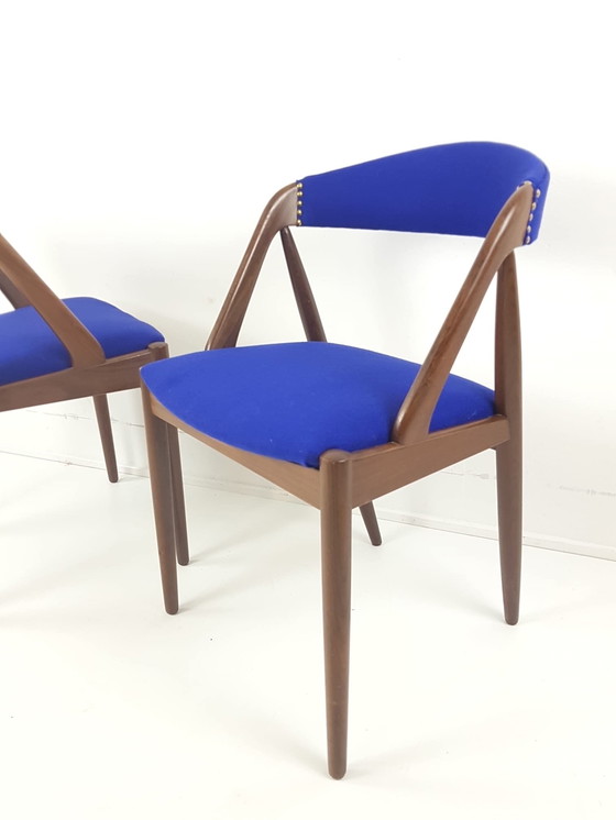 Image 1 of 2 teak stoelen Model 31 Dining Chairs Kai Kristiansen wol De Ploeg nieuw gestoffeerd 