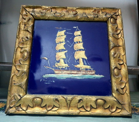 Image 1 of Piastrelle vintage dipinte a mano, firmate e incorniciate | Decorazioni nautiche