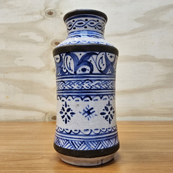 Image 1 of Vintage Ceramic Moroccan Fassi motif vase blue / white (FES) cobalt blue / copper rims