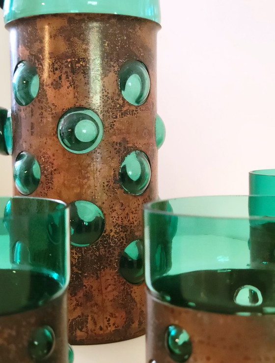Vintage Brutalist drank set van groen glas en gepatineerd koper – Glazen & Karaffen, Copper (photo 7 of 9)