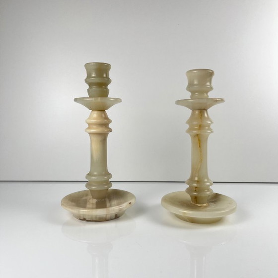 Image 1 of Pair of alabaster candlesticks, 20th century