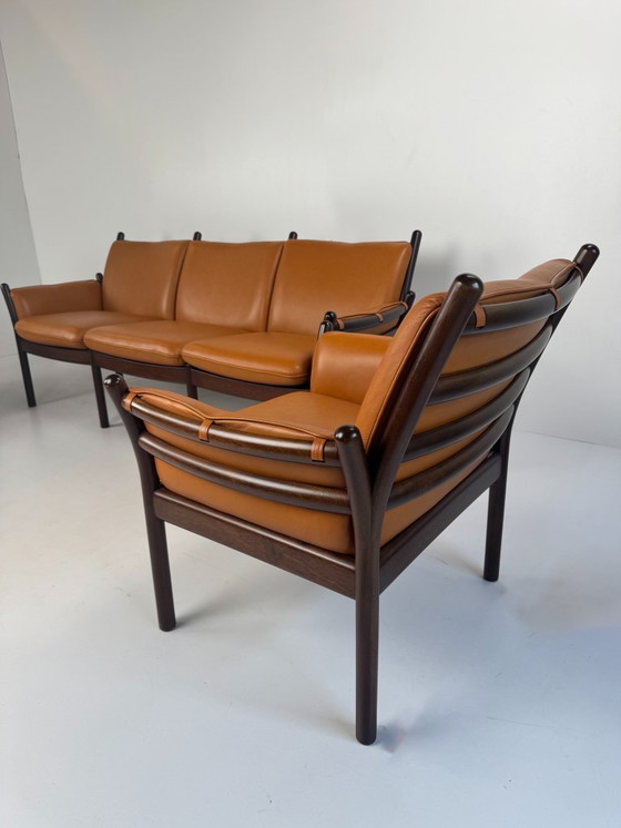 Genius Seating Set, Illum Wikkelsø, Denmark, c. 1960s, C.F.C. Silkeborg, Armchairs, Wood, Leather, Brown (photo 2 of 15)
