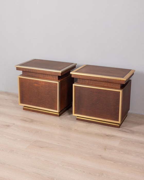 Image 1 of Pair of Vintage 50s Bedside Tables in Brass and Wood Italian Design