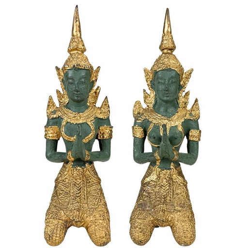 Set Guardiani del Tempio Thai Thepanom – Coppia di Figure Patinate Oro